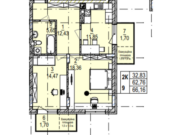 ЖК Південний Deluxe: планування 2-кімнатної квартири 66.16 м²
