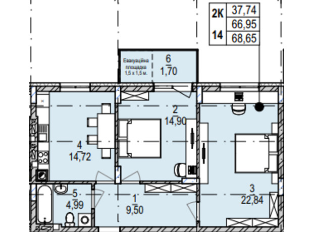 ЖК Південний Deluxe: планування 2-кімнатної квартири 68.65 м²
