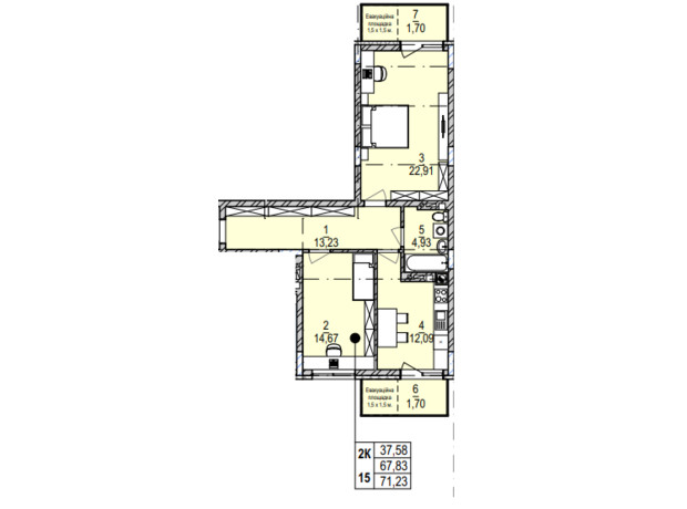 ЖК Південний Deluxe: планування 2-кімнатної квартири 71.23 м²