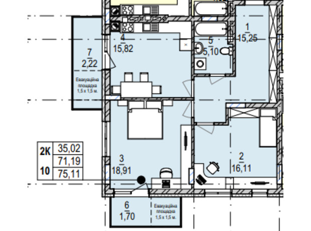 ЖК Південний Deluxe: планування 2-кімнатної квартири 75.11 м²