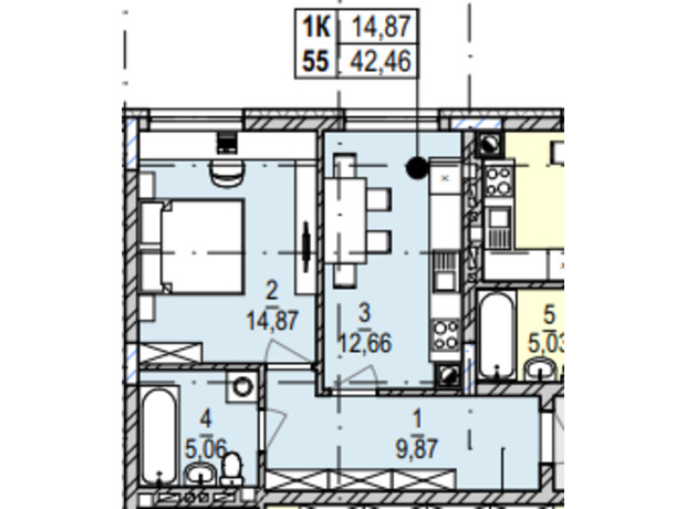 ЖК Південний Deluxe: планування 1-кімнатної квартири 42.46 м²