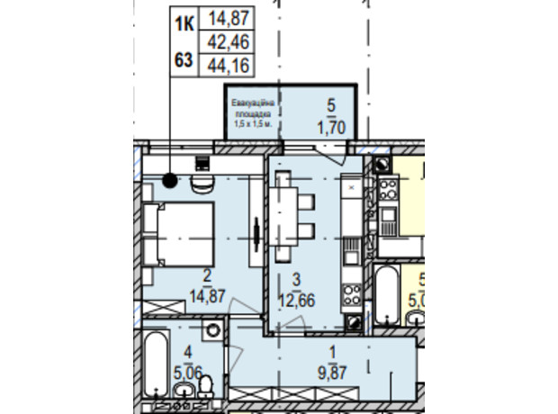 ЖК Южный Deluxe: планировка 1-комнатной квартиры 44.16 м²