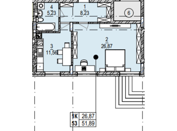 ЖК Южный Deluxe: планировка 1-комнатной квартиры 51.89 м²