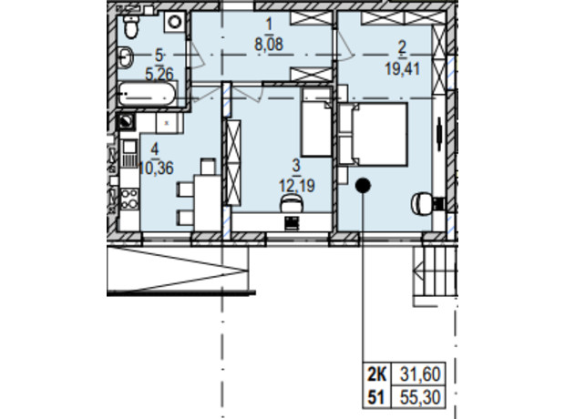 ЖК Південний Deluxe: планування 2-кімнатної квартири 55.3 м²