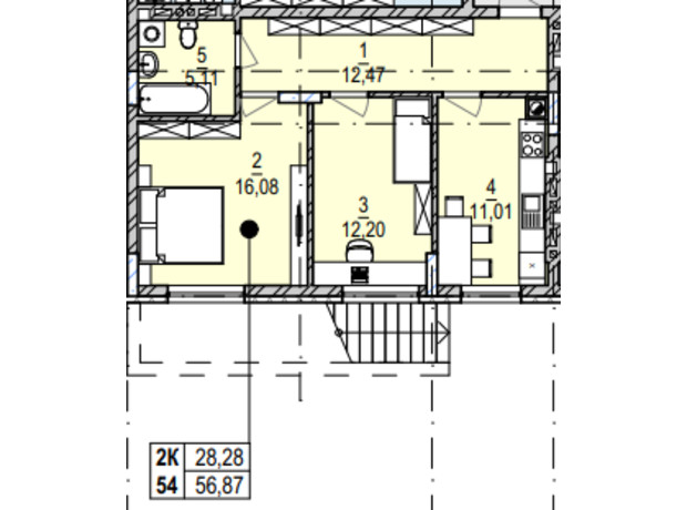 ЖК Південний Deluxe: планування 2-кімнатної квартири 56.87 м²