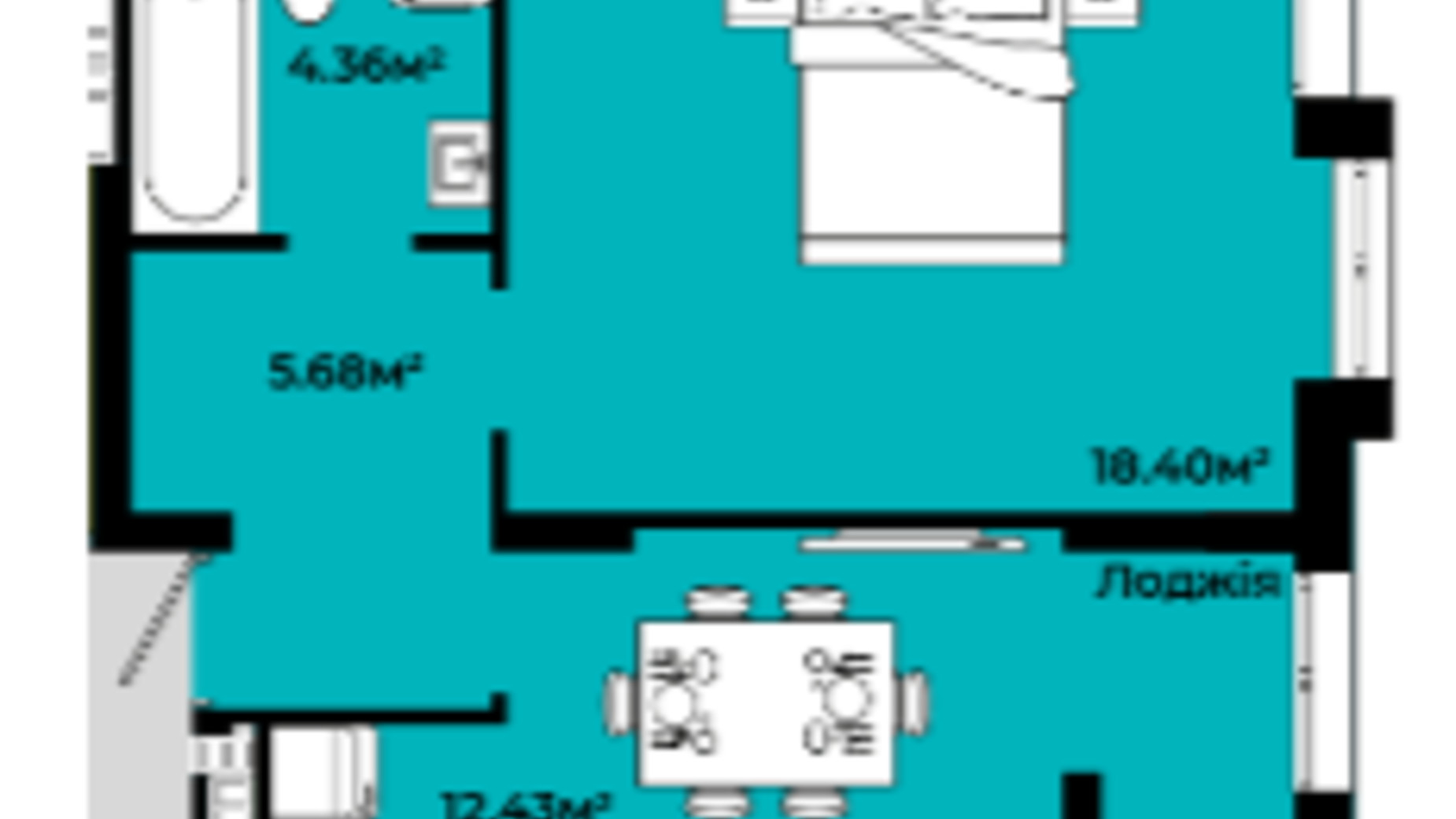 Планування 1-кімнатної квартири в ЖК Continent Green 44.22 м², фото 604998