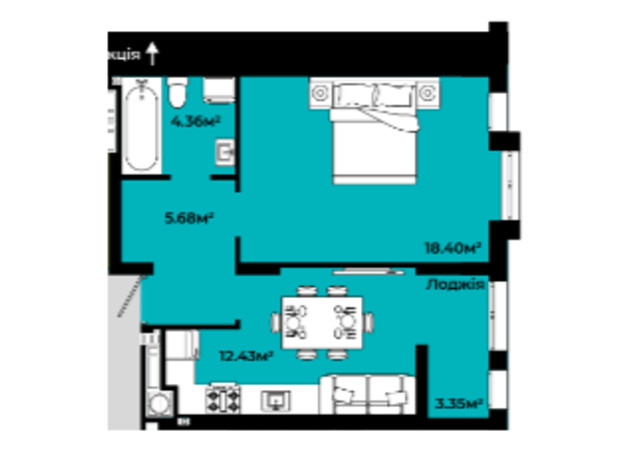 ЖК Continent Green: планировка 1-комнатной квартиры 44.22 м²