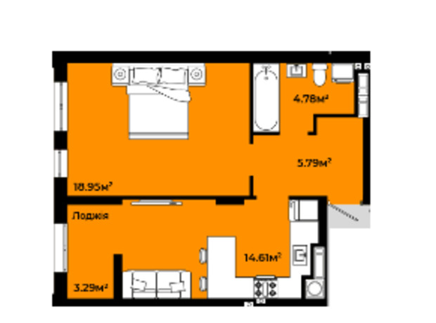 ЖК Continent Green: планировка 1-комнатной квартиры 47.42 м²