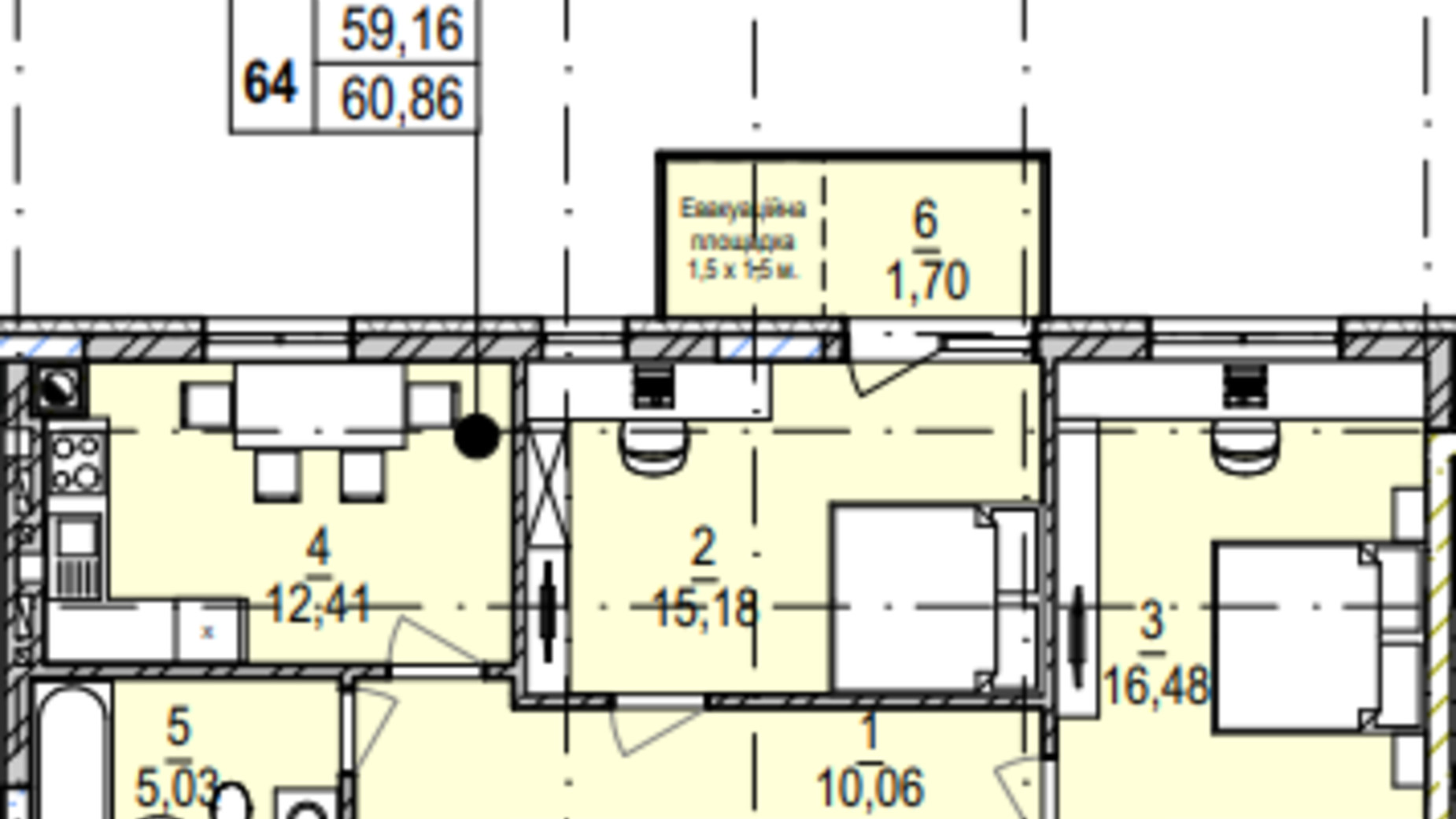 Планировка 2-комнатной квартиры в ЖК Южный Deluxe 60.86 м², фото 605000