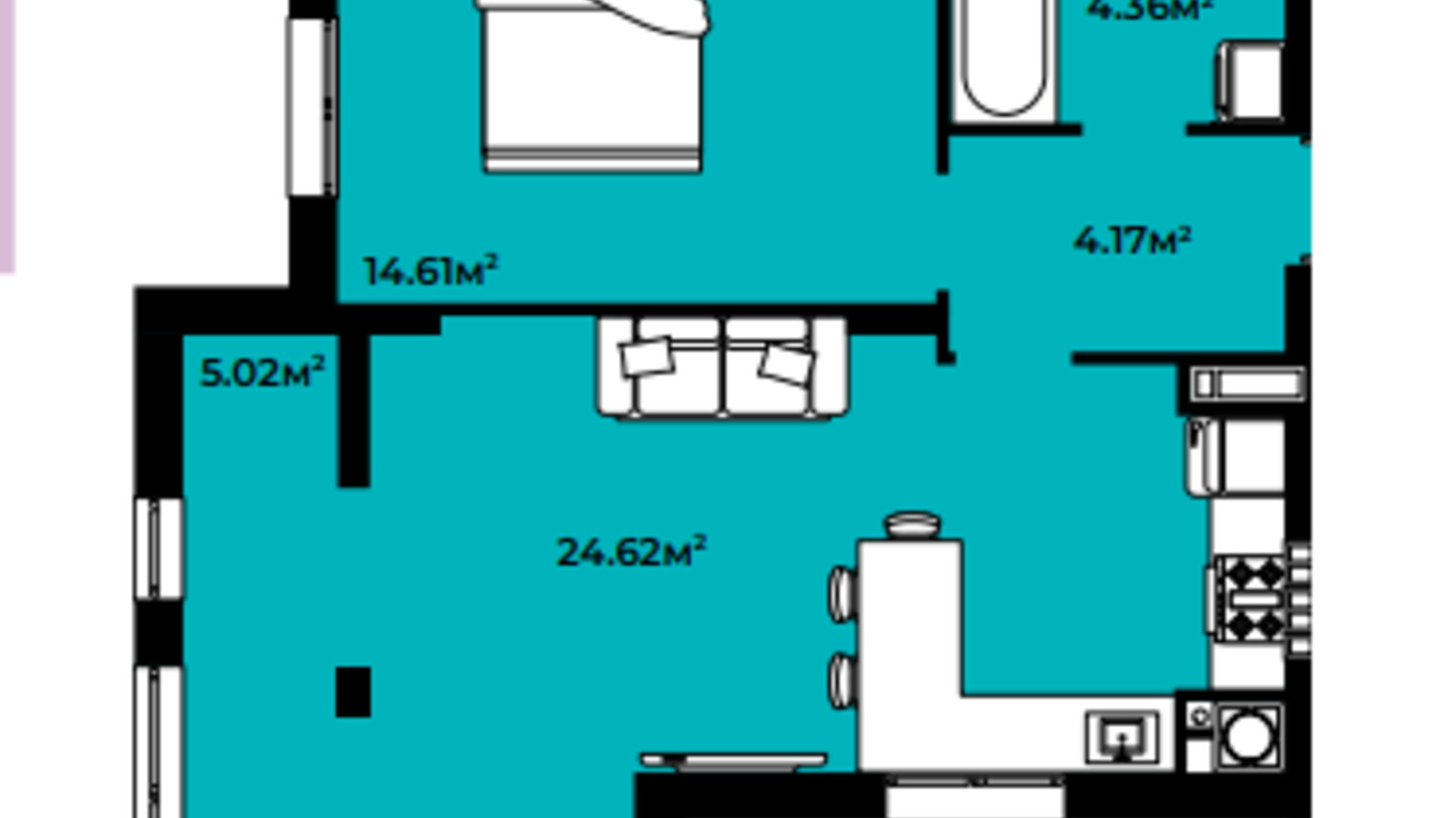 Планування 1-кімнатної квартири в ЖК Continent Green 52.78 м², фото 605001