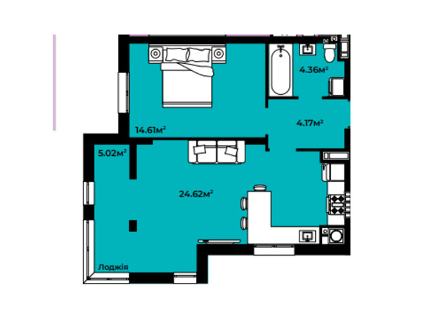 ЖК Continent Green: планировка 1-комнатной квартиры 52.78 м²