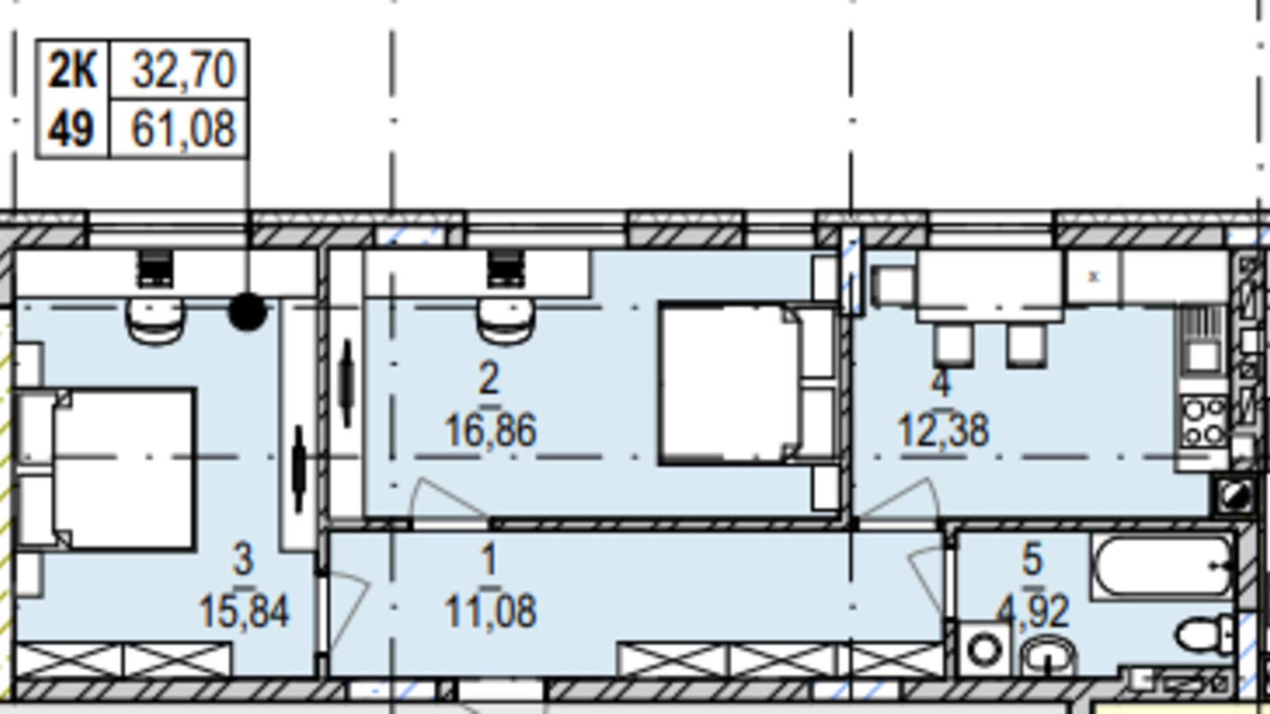Планування 2-кімнатної квартири в ЖК Південний Deluxe 61.08 м², фото 605002
