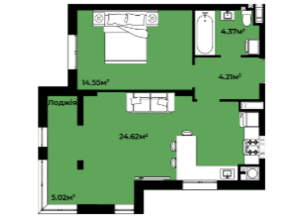 ЖК Continent Green: планировка 1-комнатной квартиры 52.77 м²