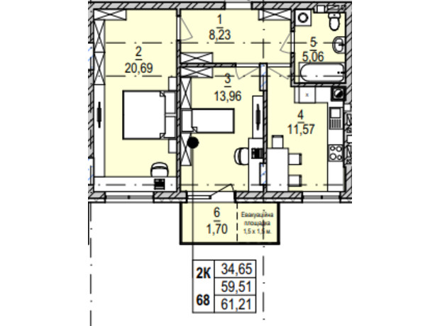 ЖК Південний Deluxe: планування 2-кімнатної квартири 61.21 м²