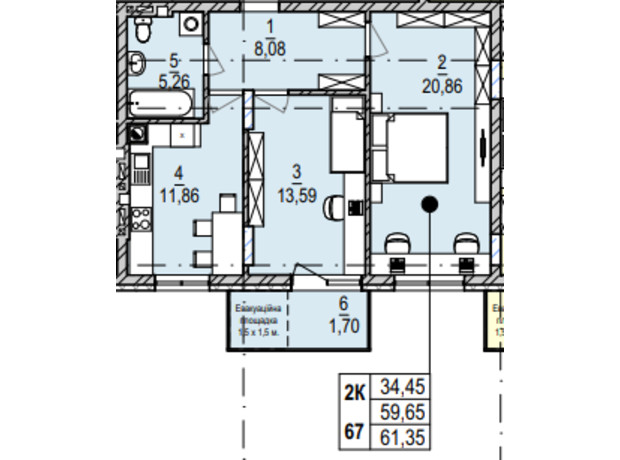 ЖК Південний Deluxe: планування 2-кімнатної квартири 61.35 м²