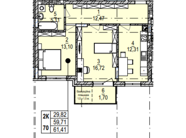 ЖК Південний Deluxe: планування 2-кімнатної квартири 61.41 м²