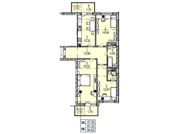 ЖК Южный Deluxe: планировка 3-комнатной квартиры 84.62 м²