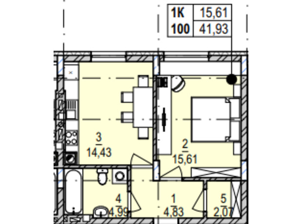 ЖК Южный Deluxe: планировка 1-комнатной квартиры 41.93 м²