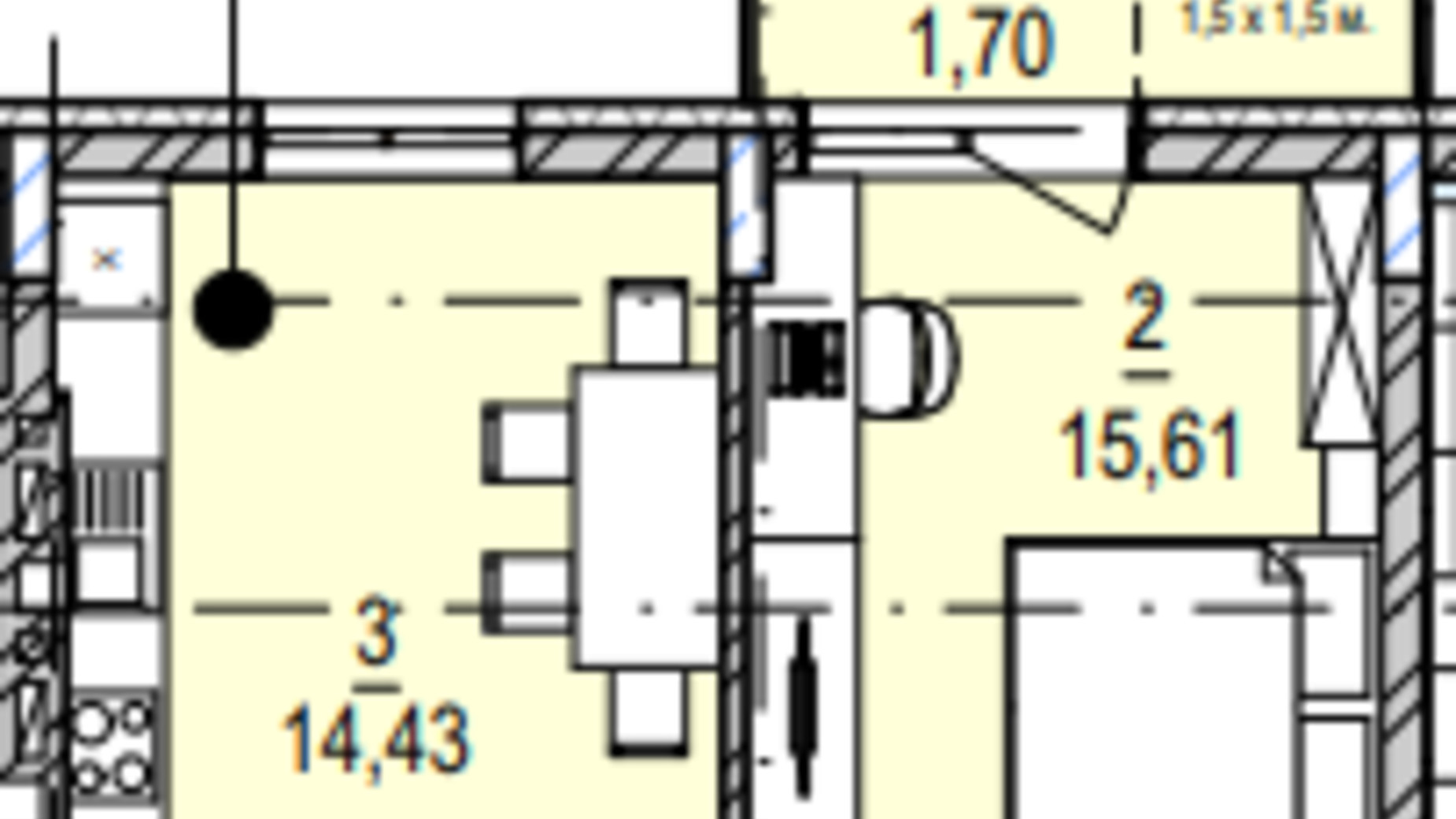 Планування 1-кімнатної квартири в ЖК Південний Deluxe 43.63 м², фото 605059