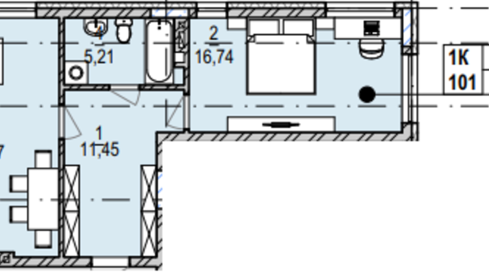 Планировка 1-комнатной квартиры в ЖК Южный Deluxe 51.87 м², фото 605060
