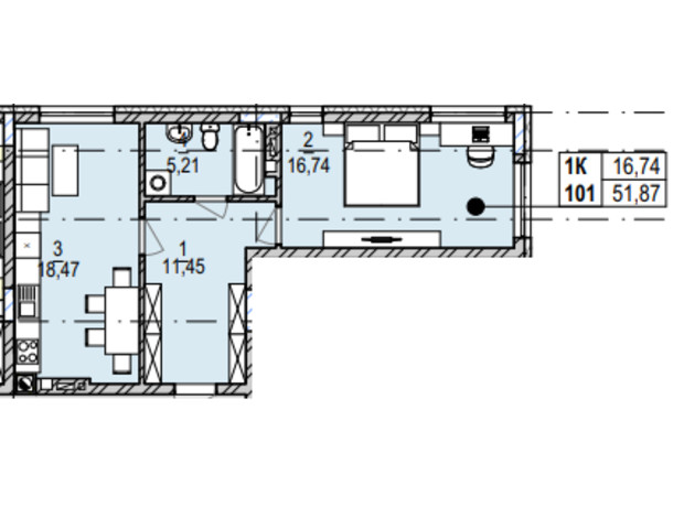 ЖК Южный Deluxe: планировка 1-комнатной квартиры 51.87 м²