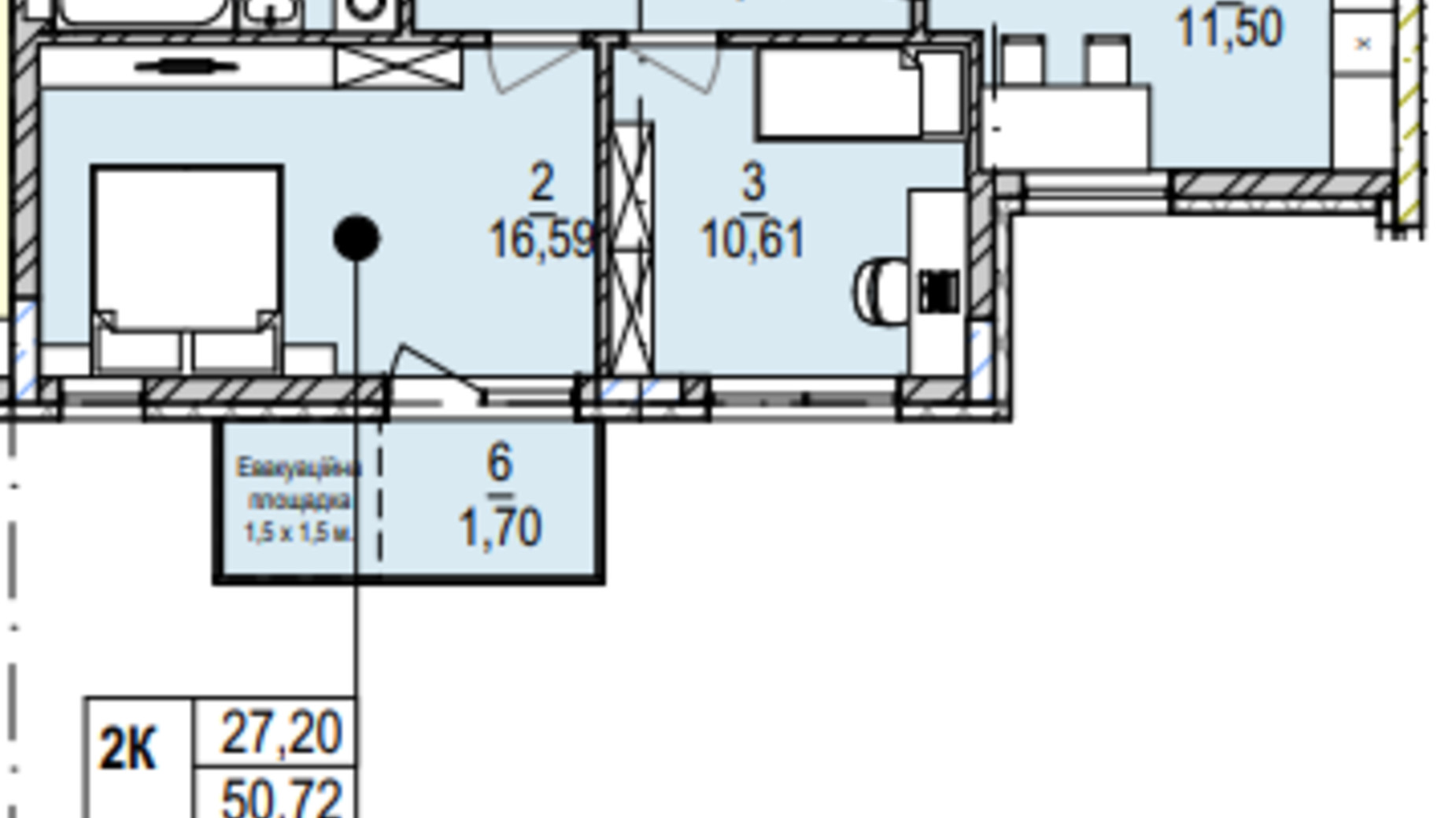 Планування 2-кімнатної квартири в ЖК Південний Deluxe 52.42 м², фото 605061