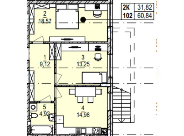 ЖК Південний Deluxe: планування 2-кімнатної квартири 60.84 м²