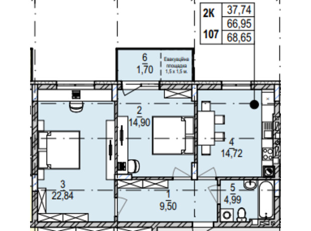 ЖК Південний Deluxe: планування 2-кімнатної квартири 68.65 м²