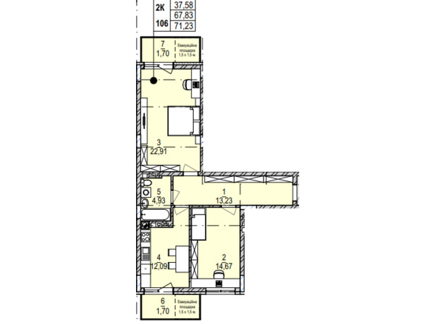 ЖК Південний Deluxe: планування 2-кімнатної квартири 71.23 м²