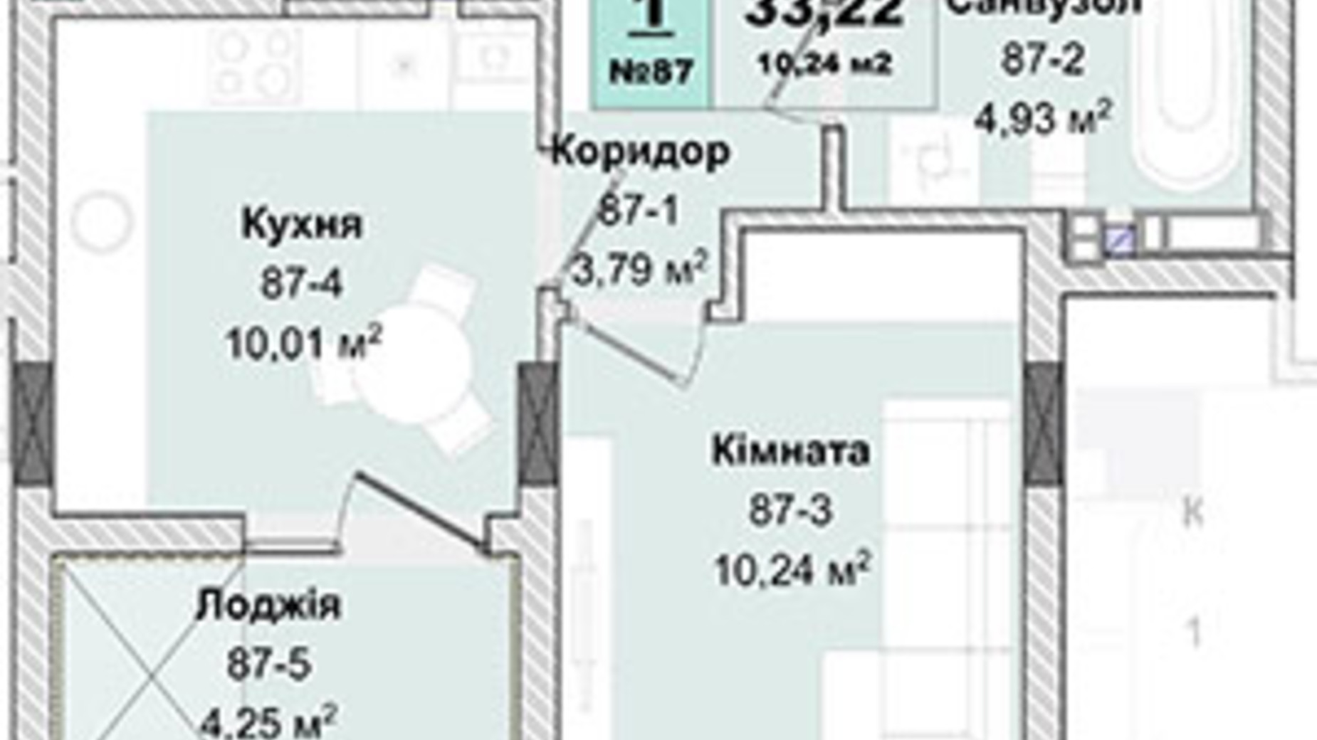 Планування 1-кімнатної квартири в ЖК Panorama 33.22 м², фото 605139