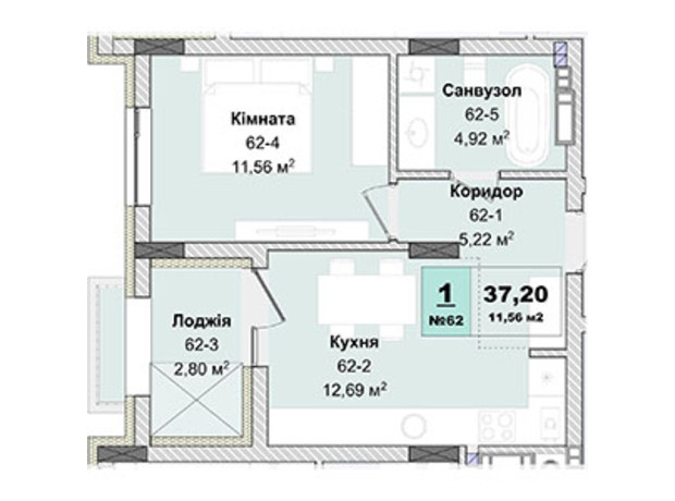 ЖК Panorama: планировка 1-комнатной квартиры 37.2 м²