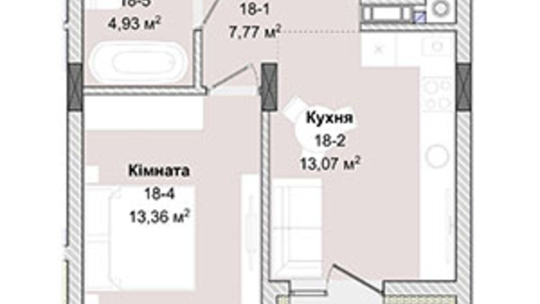 Планування 1-кімнатної квартири в ЖК Panorama 41.11 м², фото 605141
