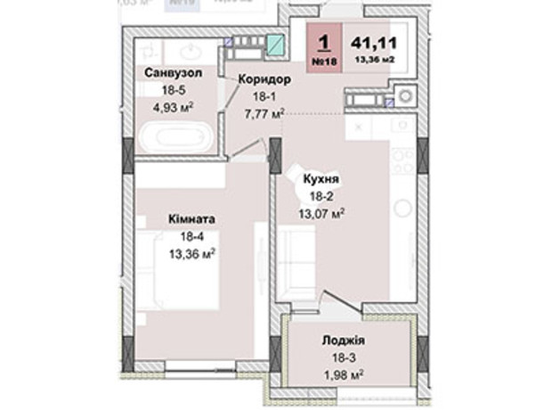 ЖК Panorama: планування 1-кімнатної квартири 41.11 м²