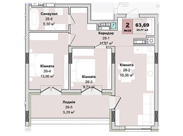 ЖК Panorama: планування 2-кімнатної квартири 63.69 м²