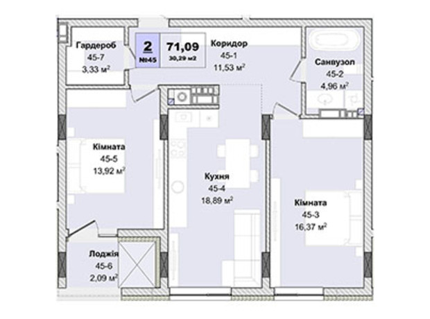 ЖК Panorama: планування 2-кімнатної квартири 71.09 м²