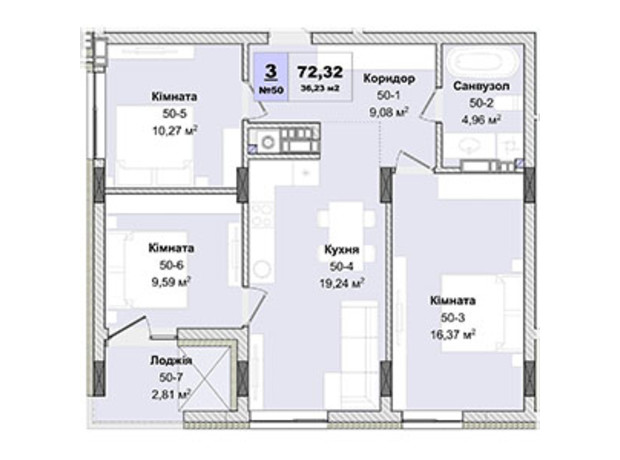 ЖК Panorama: планування 3-кімнатної квартири 72.32 м²