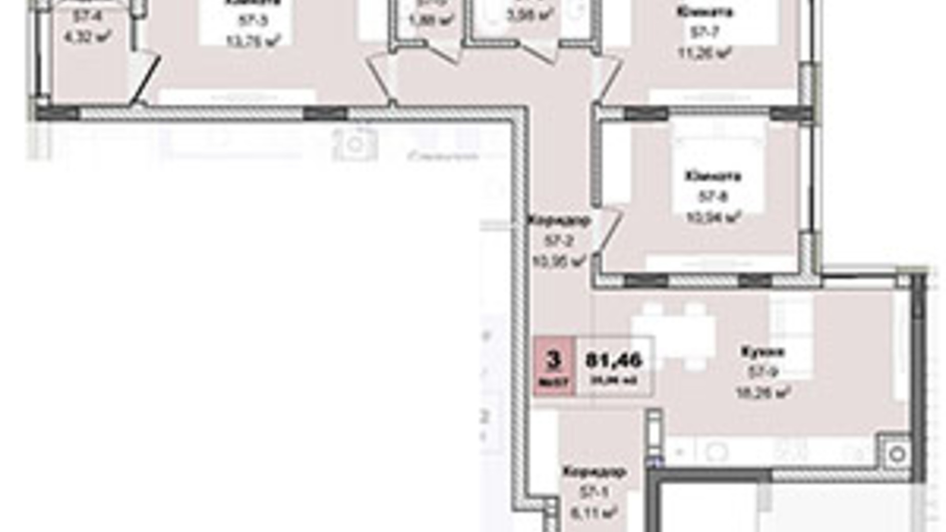 Планування 3-кімнатної квартири в ЖК Panorama 81.46 м², фото 605147