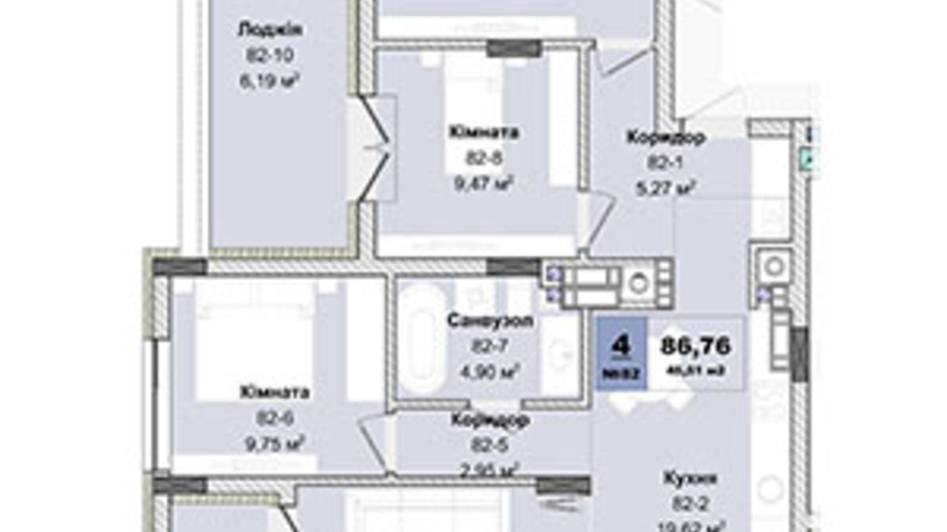 Планировка 4-комнатной квартиры в ЖК Panorama 86.76 м², фото 605150