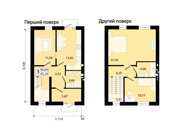 КГ Eurovillage 2: планировка 3-комнатной квартиры 91 м²