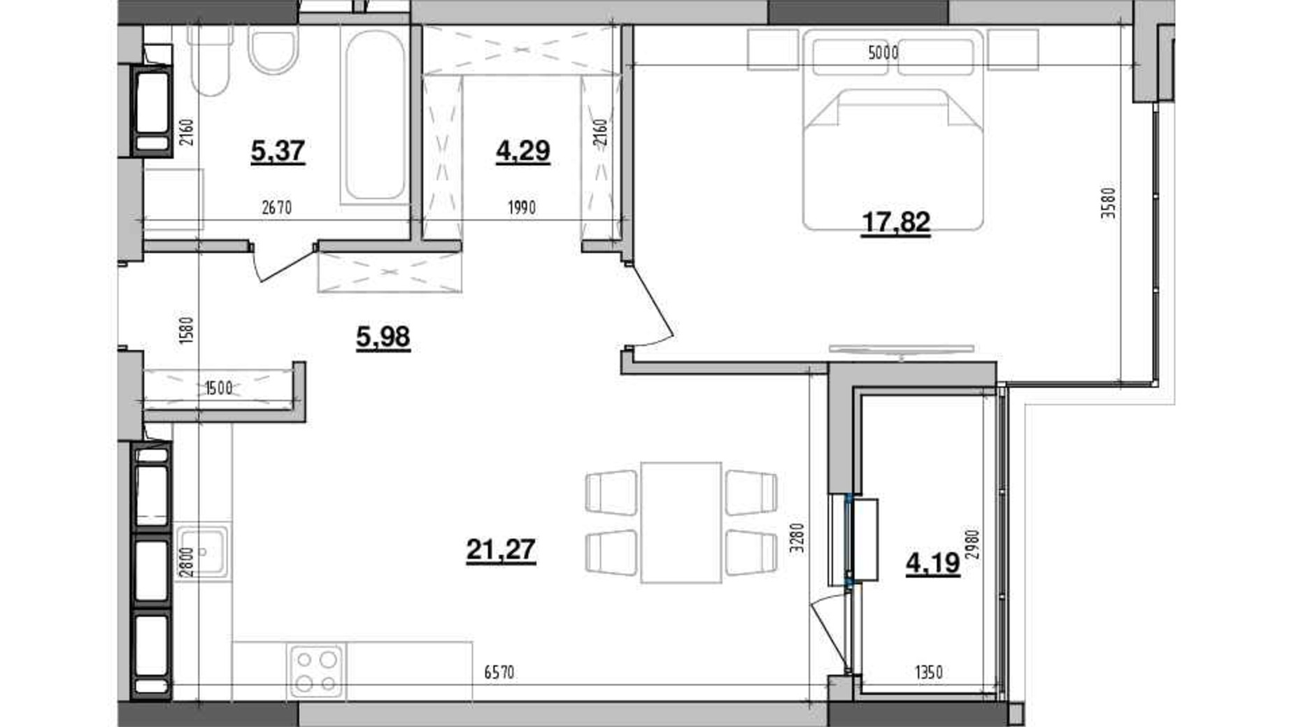 Планування 1-кімнатної квартири в ЖК Maxima Residence 58.92 м², фото 605424