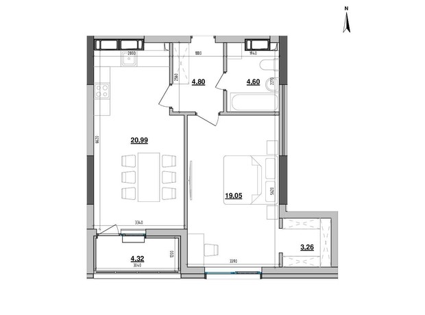 ЖК Maxima Residence: планировка 1-комнатной квартиры 57.02 м²