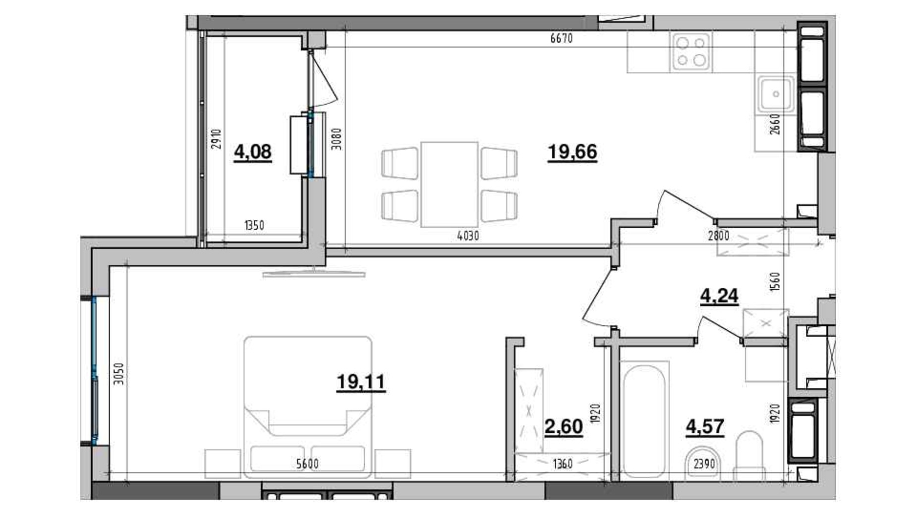 Планировка 1-комнатной квартиры в ЖК Maxima Residence 54.27 м², фото 605430