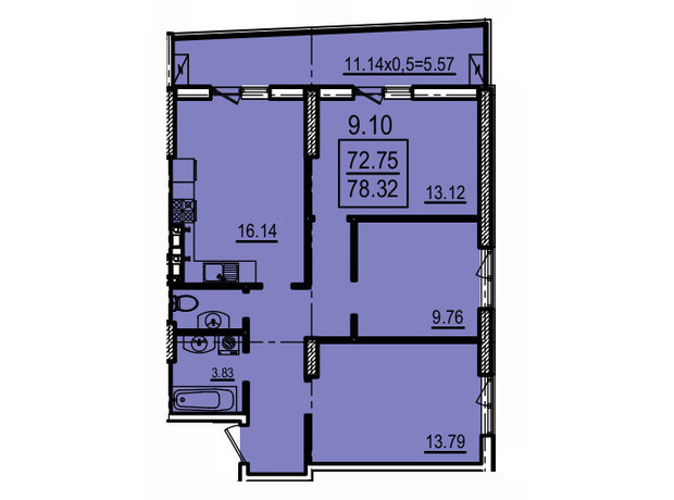 Апарт-Комплекс Каліпсо: планування 3-кімнатної квартири 78.32 м²