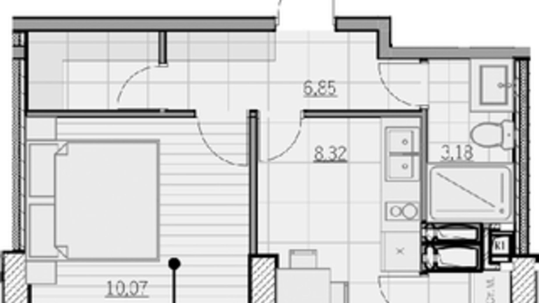 Планировка 1-комнатной квартиры в ЖК Park Hills 28.39 м², фото 605509