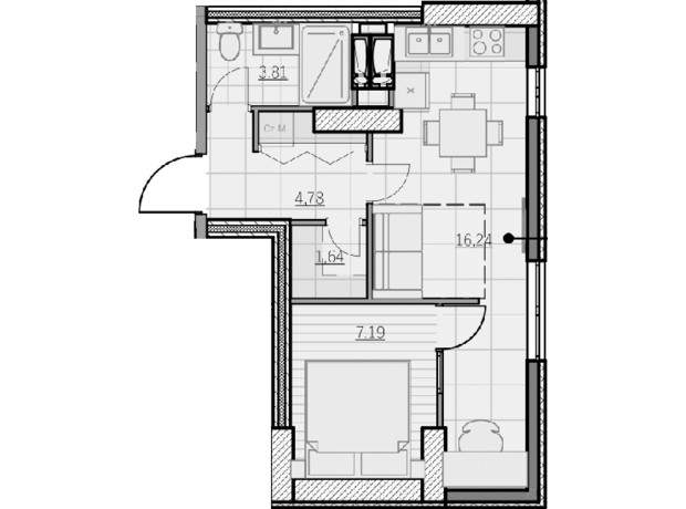 ЖК Park Hills: планировка 1-комнатной квартиры 35.66 м²