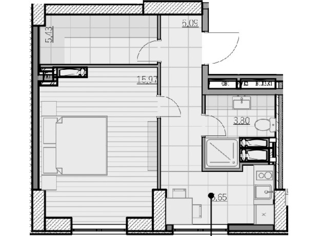 ЖК Park Hills: планування 1-кімнатної квартири 36.94 м²