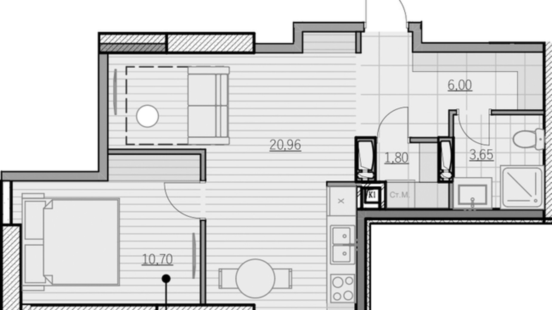 Планировка 1-комнатной квартиры в ЖК Park Hills 43.11 м², фото 605514