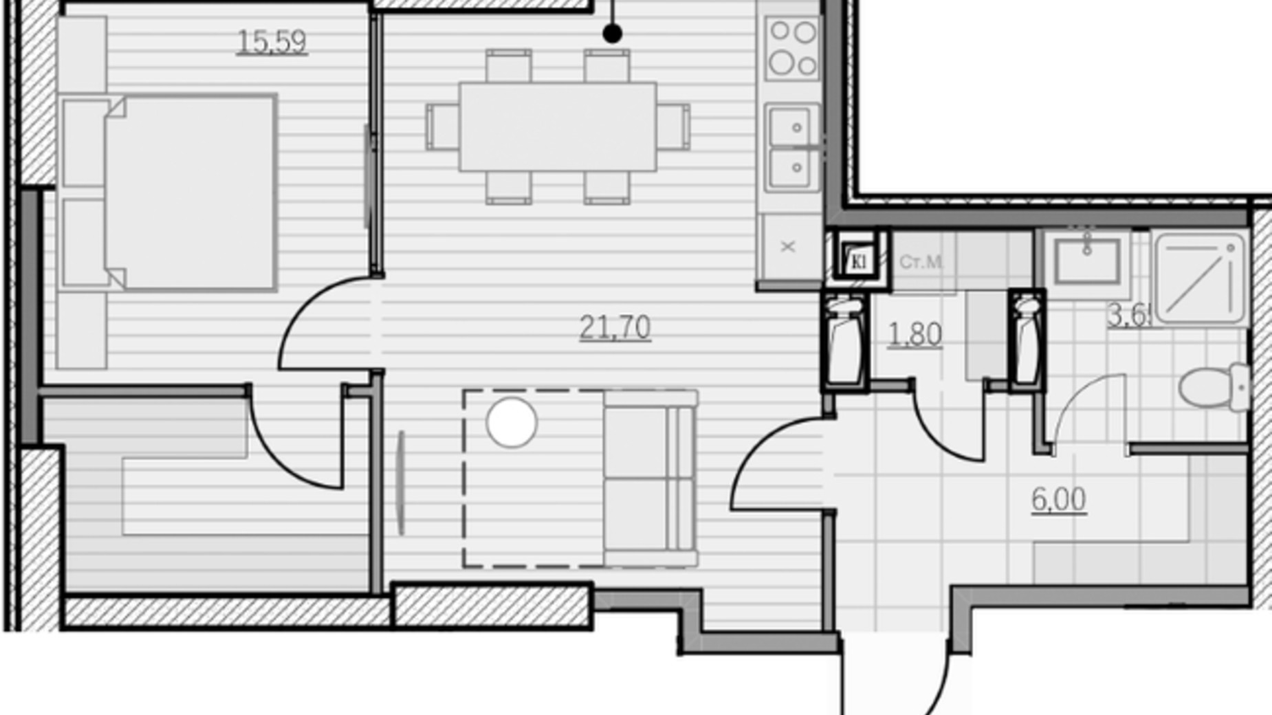 Планировка 1-комнатной квартиры в ЖК Park Hills 48.74 м², фото 605516