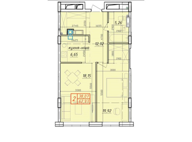 ЖК Ривьера: планировка 2-комнатной квартиры 62.93 м²