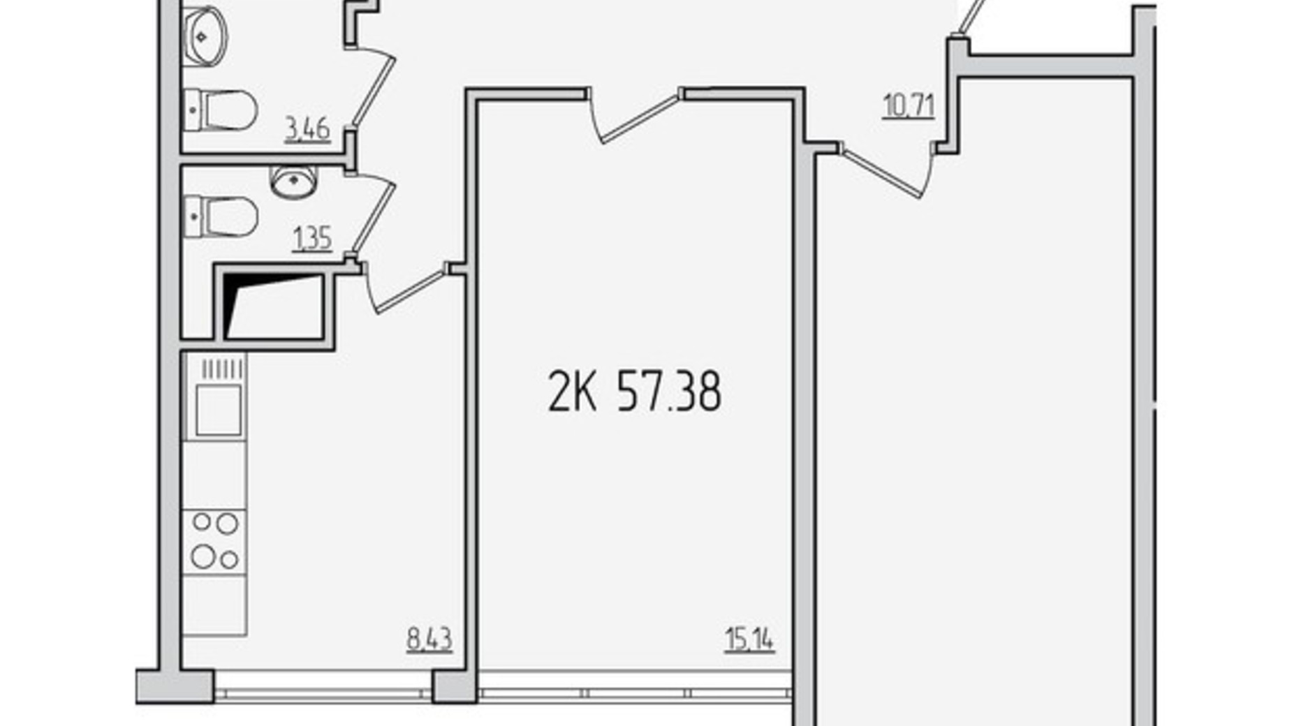 Планування 2-кімнатної квартири в ЖК П'ятдесят третя перлина 57.38 м², фото 606072